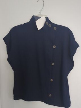 Zara Navy Button-Front Cap-Sleeve Women's Top